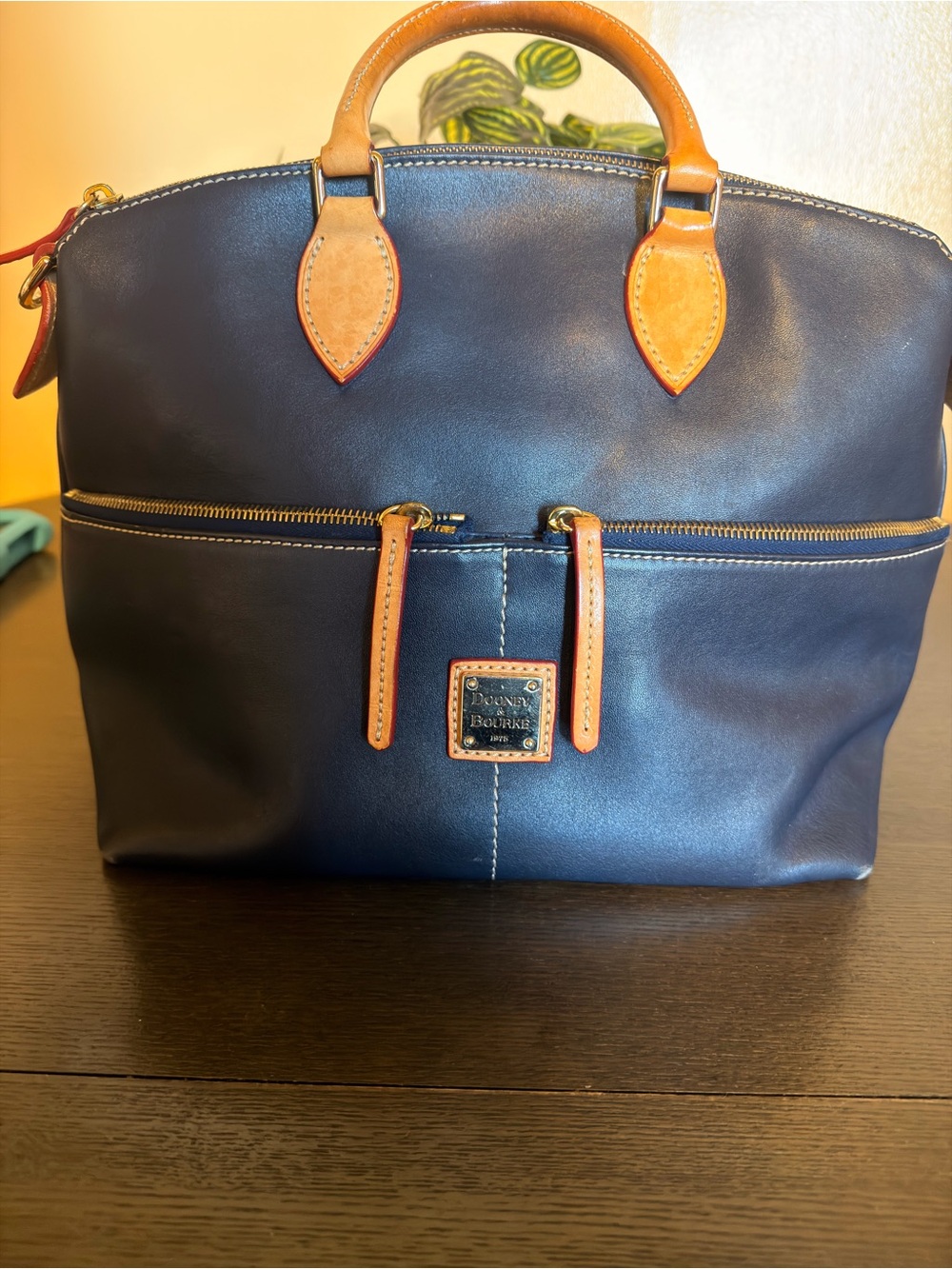 Dooney & Bourke Dillen Large Leather Double Pocket Satchel Navy Blue